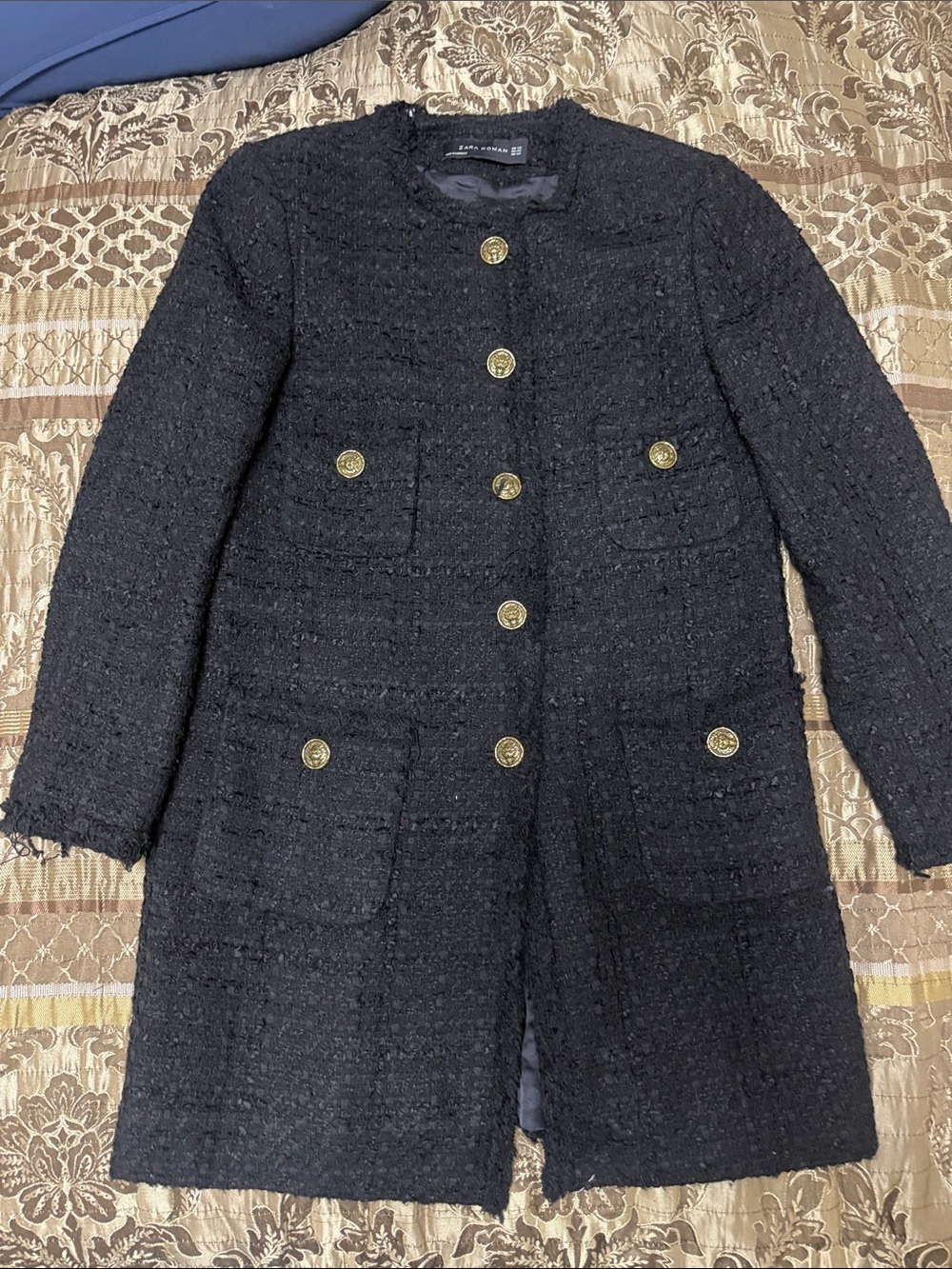 Zara Black Tweed Coat with Gold Buttons
